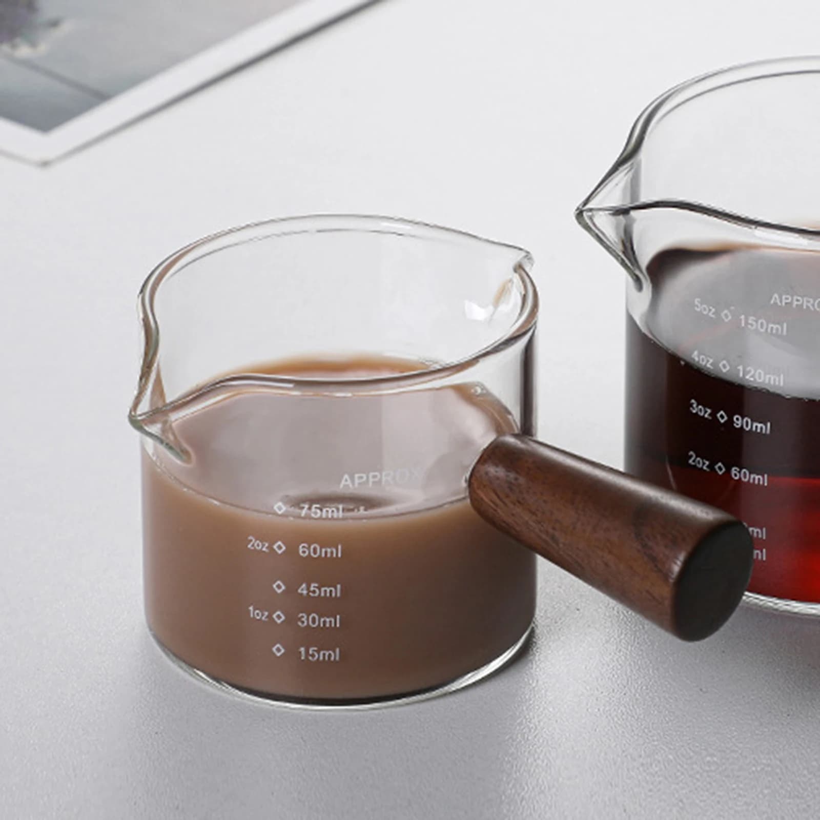 Clear Glass 75ML Espresso Shot Glasses with Wooden Handle,Measuring Tea Cup Tool Double Spouts Temperature Resistant  Coffee Cup