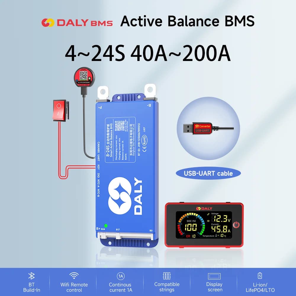 DALY BMS 액티브 밸런스 12V 24V 48V LiFePo4 4S~16S 3인치 LCD RS485 WIFI