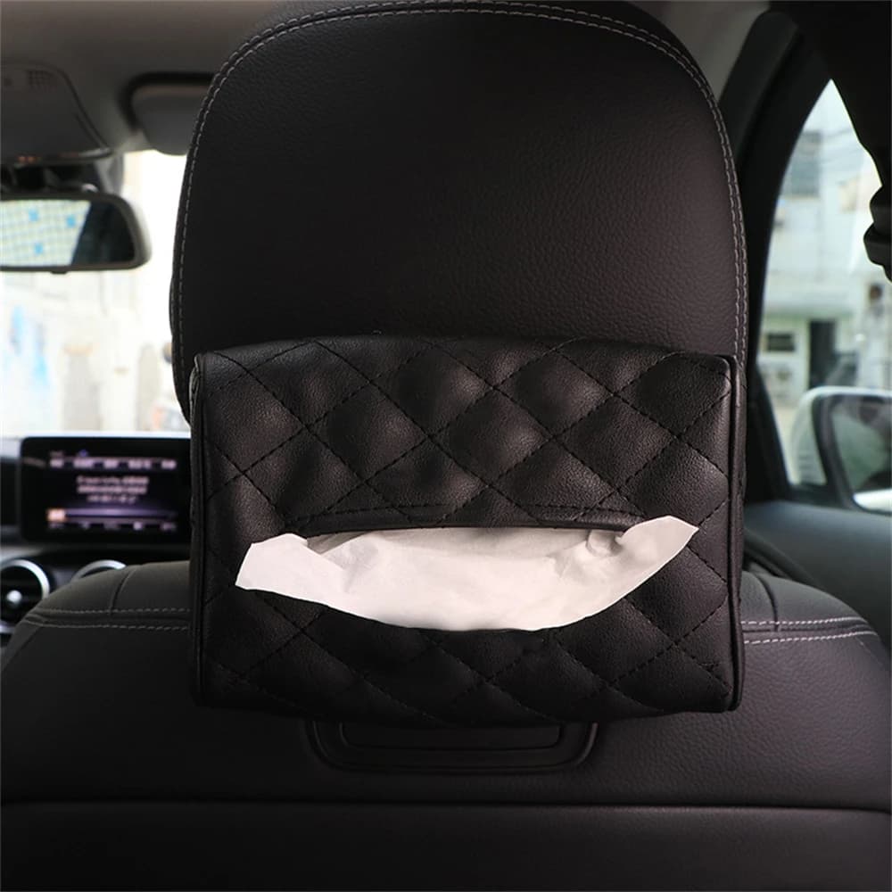 Universal Car Seat Back Type PU Leather Tissue Box Napkin Holder Hanging Storage Box Black Color