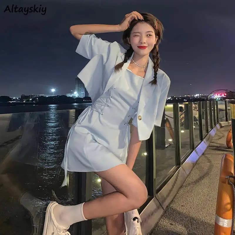 여성 단색 붕대 크롭 블레이저 + 스커트 한국풍 투피스 세트