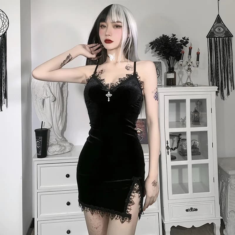 다크 크로스 블랙 미니 드레스 빈티지 섹시한 스파게티 스트랩 하이 웨스트 슬릿 드레스 고스 파티 클럽 여성 드레스