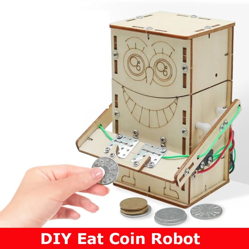 나무 전동 동전 먹는 로봇 DIY 과학 교육 조립 모형 완구