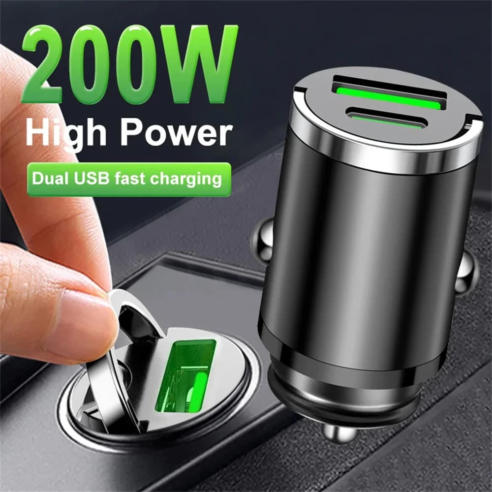 200W 소형 듀얼 포트 USB 자동차 충전기 라이터 고속 충전 자동차 아이폰 13 12 샤오미 화웨이 삼성 휴대폰 충전기 어댑터