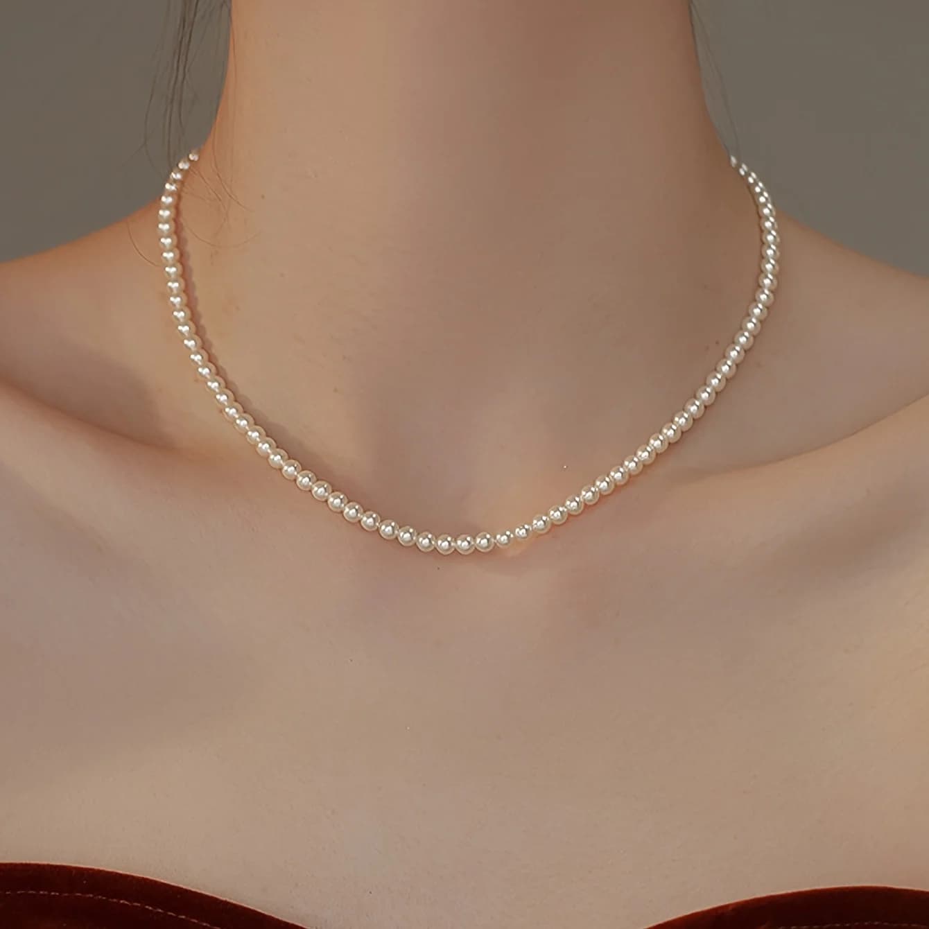 1pc 4mm French-Style Lazy Imitation Pearl Necklace  Niche High-End Versatile Clavicle Chain Fashionable Elegant Temperament