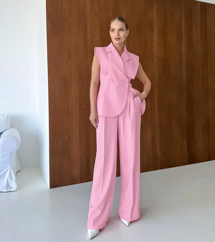 Pink Waistcoat Pants Suit Women Lapel Two Buttons Sleeveless Vest Blazer Wide Leg Pants Set 2025 New Lady Office Outfits Suit