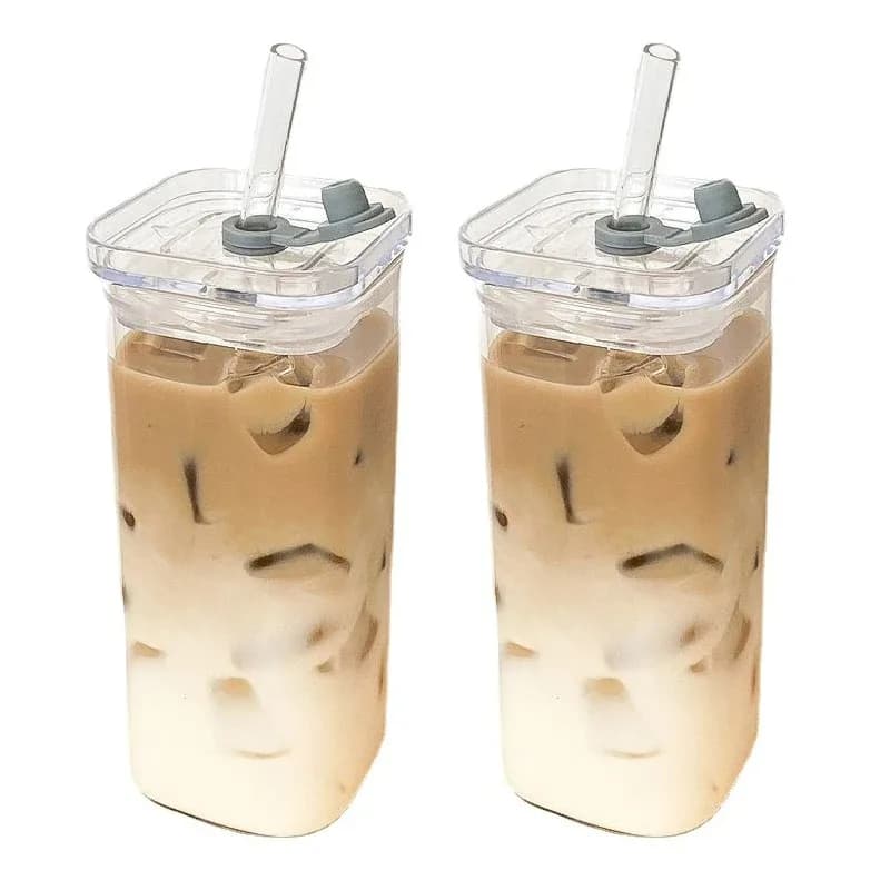 뚜껑과 밀짚 투명 우유 차 주스 컵 커피 머그잔 홈 바 Drinkware에 대 한 1Pcs 사각형 내열성 커피 유리 컵