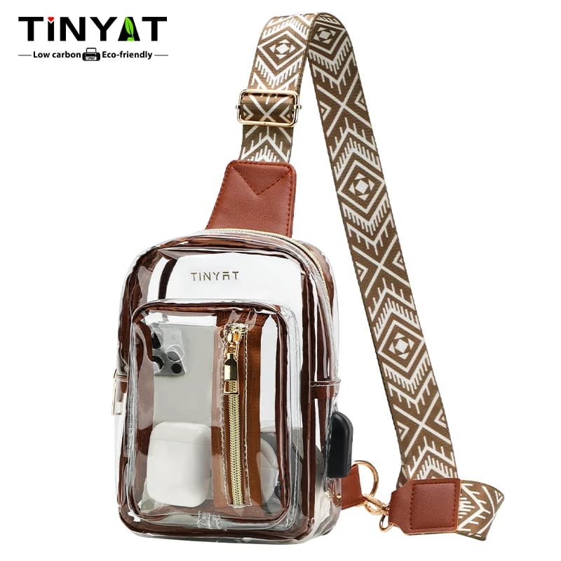 TINYAT Clear Chest Bag Women Fashion Transparent PVC USB Crossbody Bag Sling Bag Daily Travel Shopping Casual Lightweight