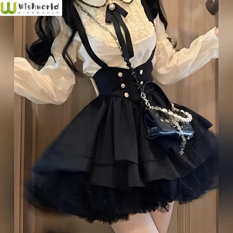 칼리지룩 멜빵 리본 원피스 봄가을 인형 셔츠 투피스 세트