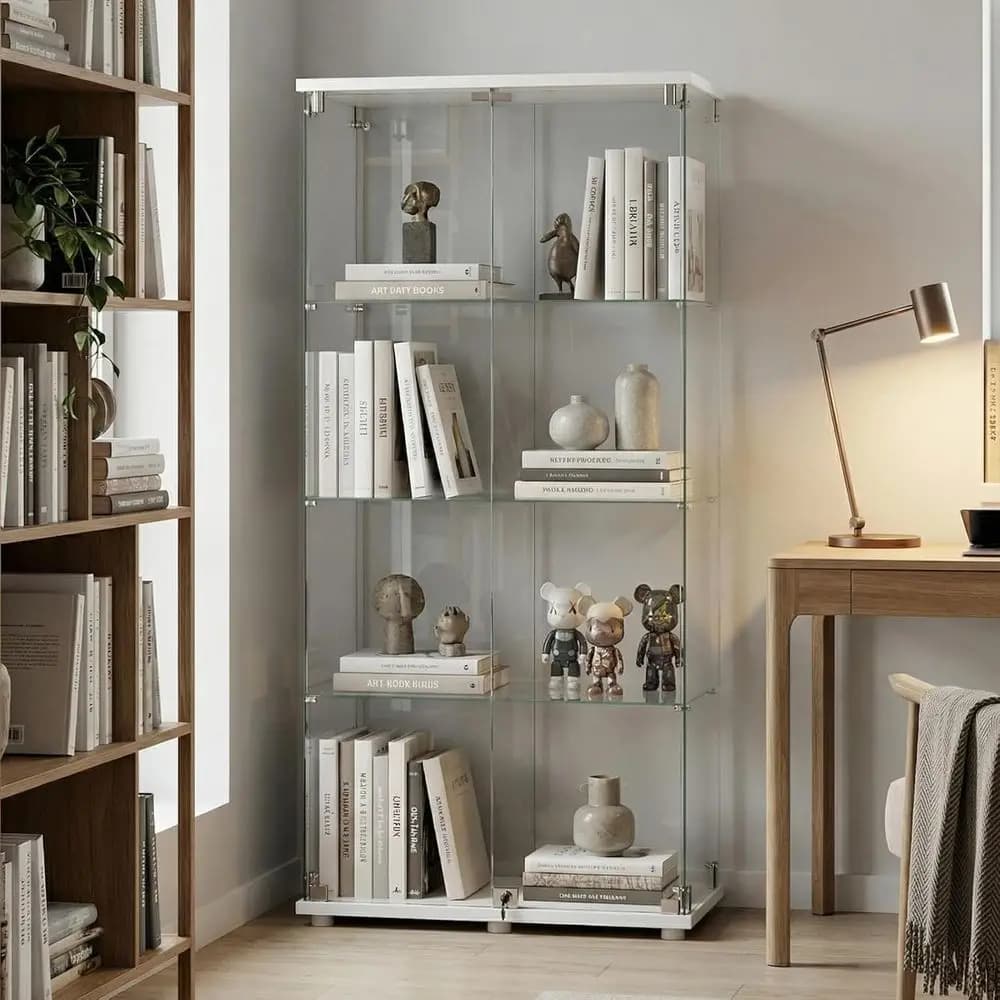 Tempered Glass Display Cabinet, 4-Tier Curio Cabinet with Glass Doand Lock, Glass Display Case or Collectibles, or Living Room,