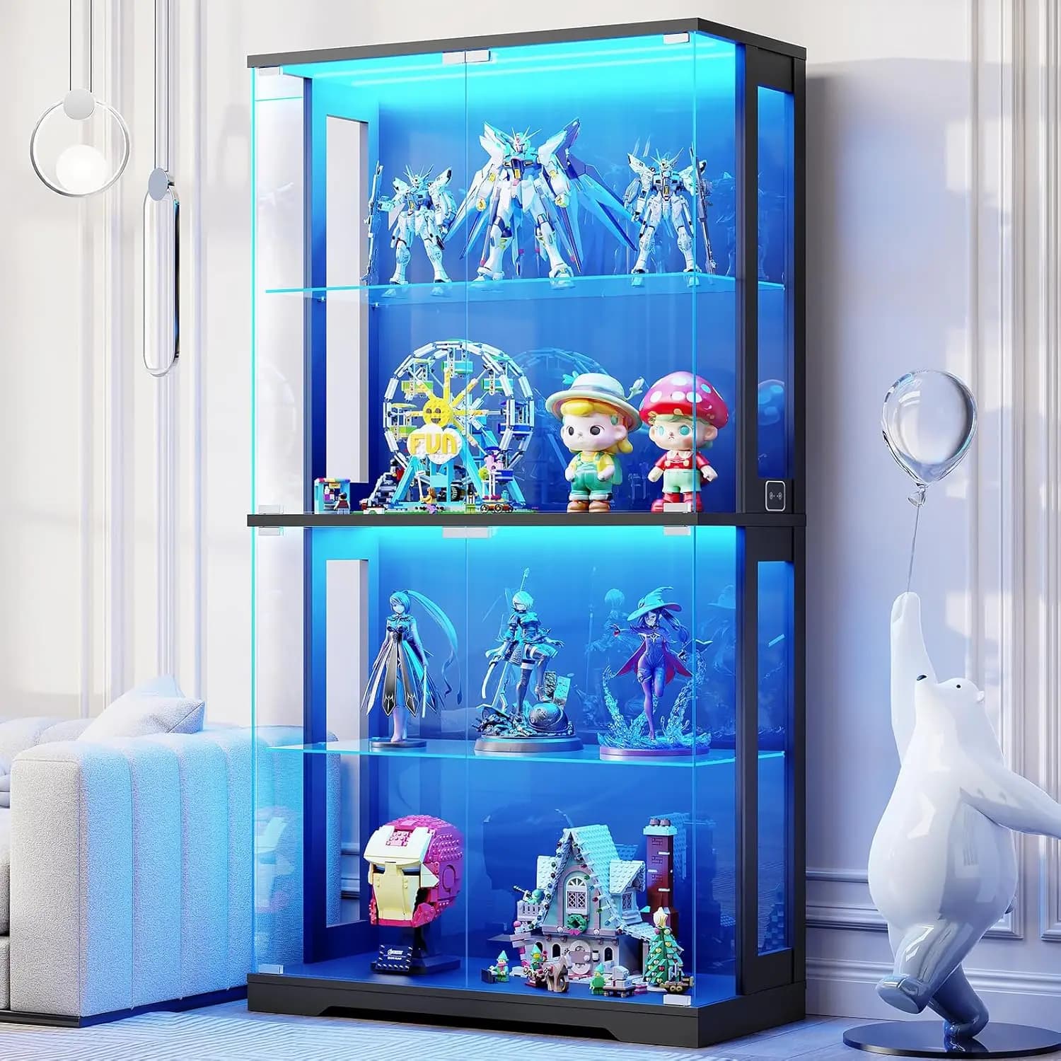 Display Cabinet with Glass Doors, 4-Tier Curio Cabinet with Transparent Full-Display Surface, 65" Glass Display Case with 3 C