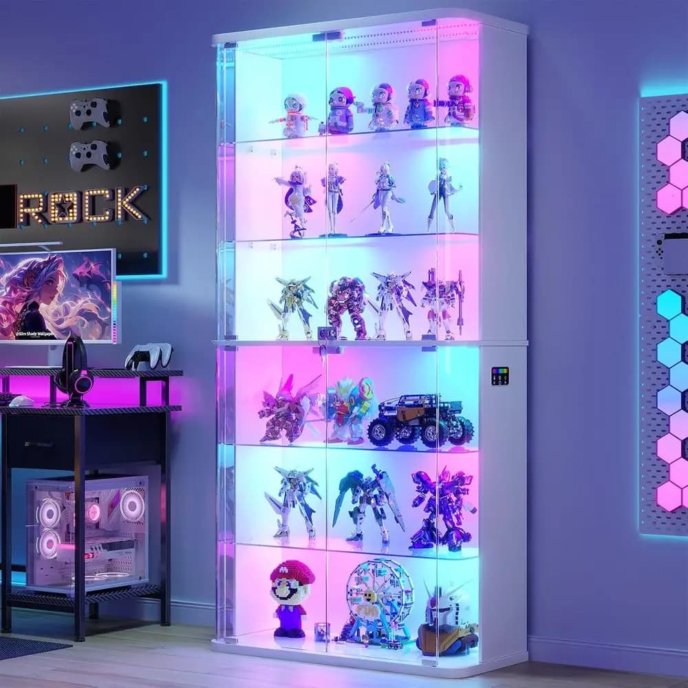 71" Tall Display Cabinet with Glass Do, Rounded Curio Cabinet with Motion Sensor RGB Lights, 6-Tier Lockable Display Case or Col