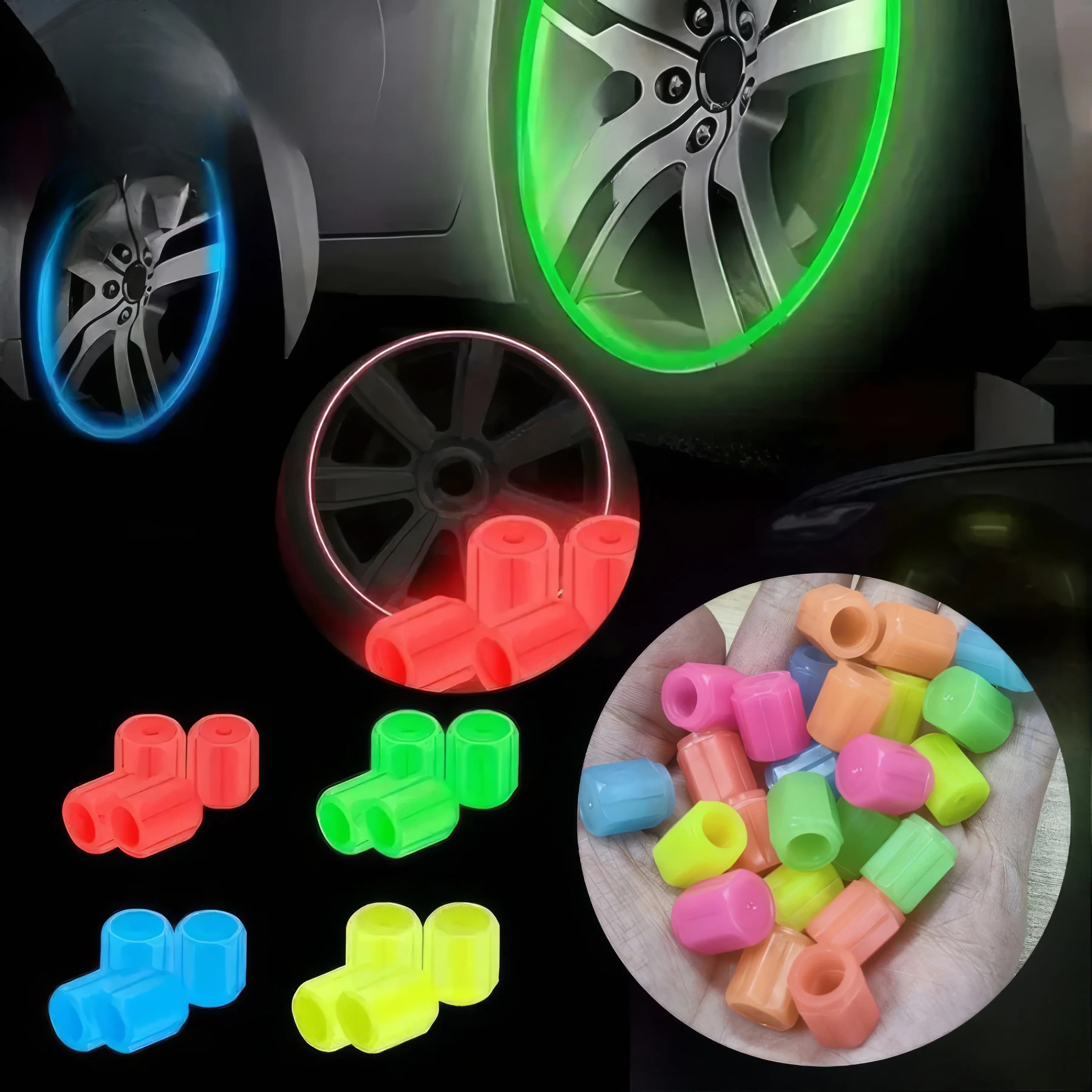 4 Pieces of Luminous Tire Valve Caps Green/blue/red, Easy To Install, Durable Plastic Caps, Suitable for Vehicles