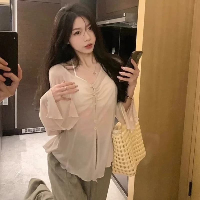 Sheer Flare Sleeve Blouse - Y2K Fairy Sweet Harajuku Pleated Shirt for Women