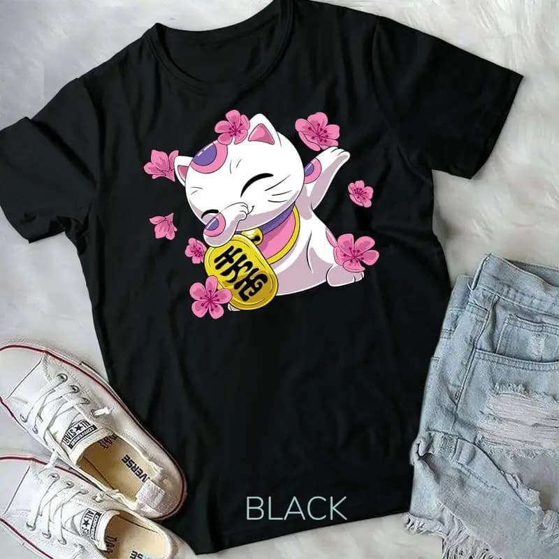 마네키네코 일본 행운고양이 벚꽃 유니섹스 티셔츠