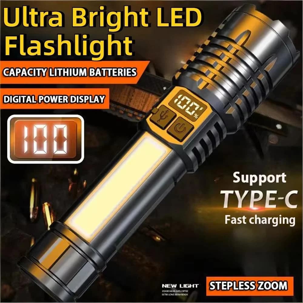 고출력 LED 손전등 Type-C 충전식 방수 COB 사이드라이트 줌 캠핑 하이킹