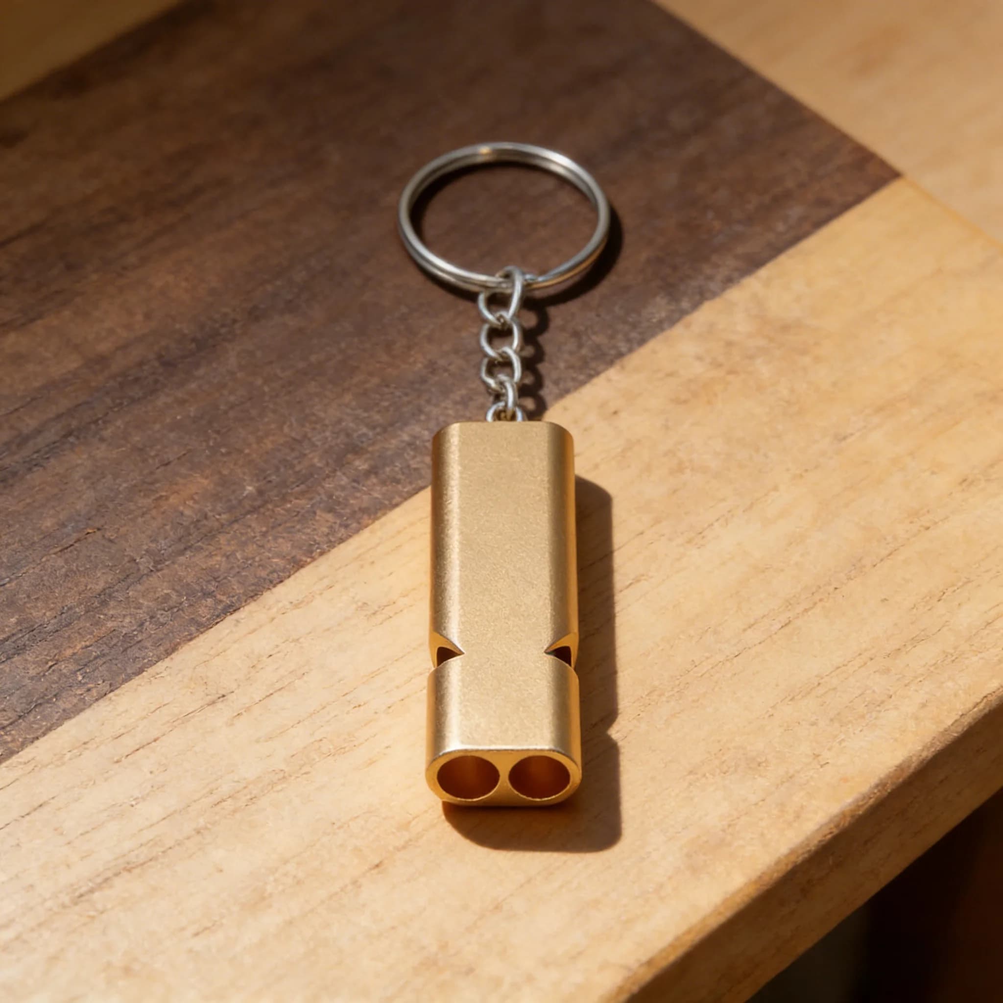 Gold‑Tone Emergency Keychain with Whistle​ – 120dB Sound Output, Sturdy Chain Link, Compact Portable Size, Outdoor Adventures.