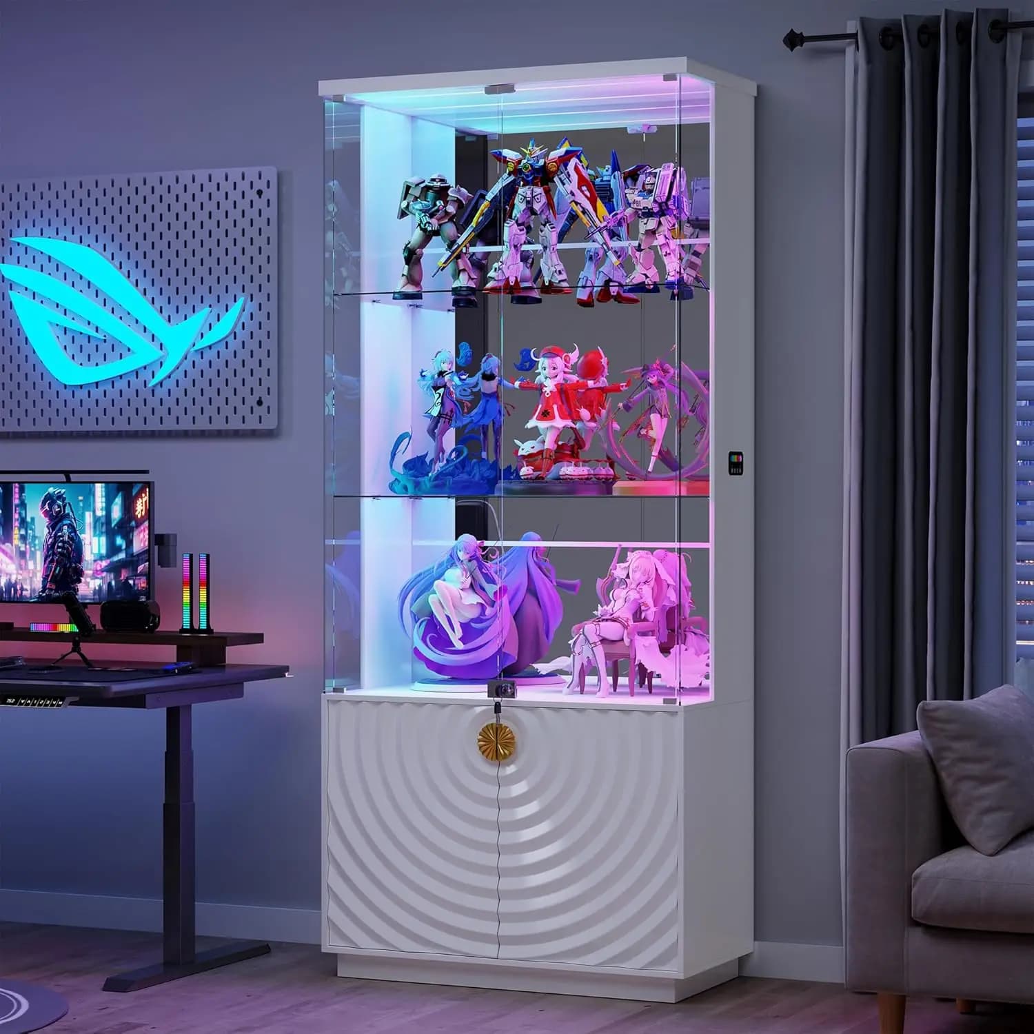 Display Cabinet with Glass Doors - 71" High Gloss Curio Cabinet with Adjustable Glass Shelf, Lockable Display Cases with RBG