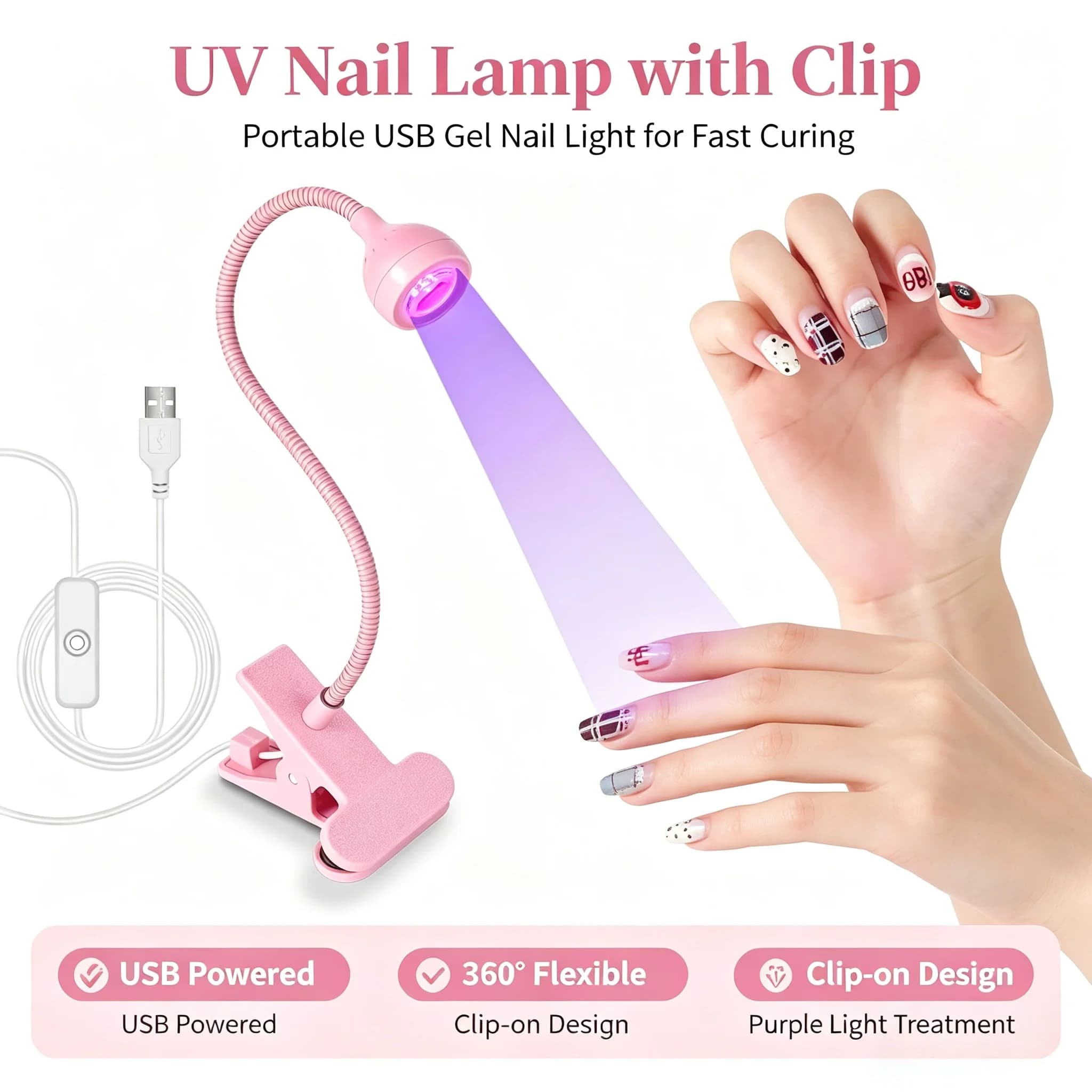 Flexible Clip-On UV LED Nail Dryer, USB Portable Mini Desk Lamp for Gel Nail Polish Salon Manicure