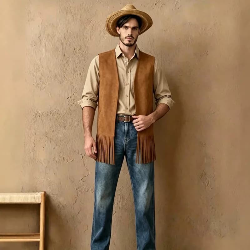 Men's Mid-length Solid Color Fringe Sleeveless Buttonless Waistcoat, Halloween Stage Denim Costume, Casual Versatile Outer Vest