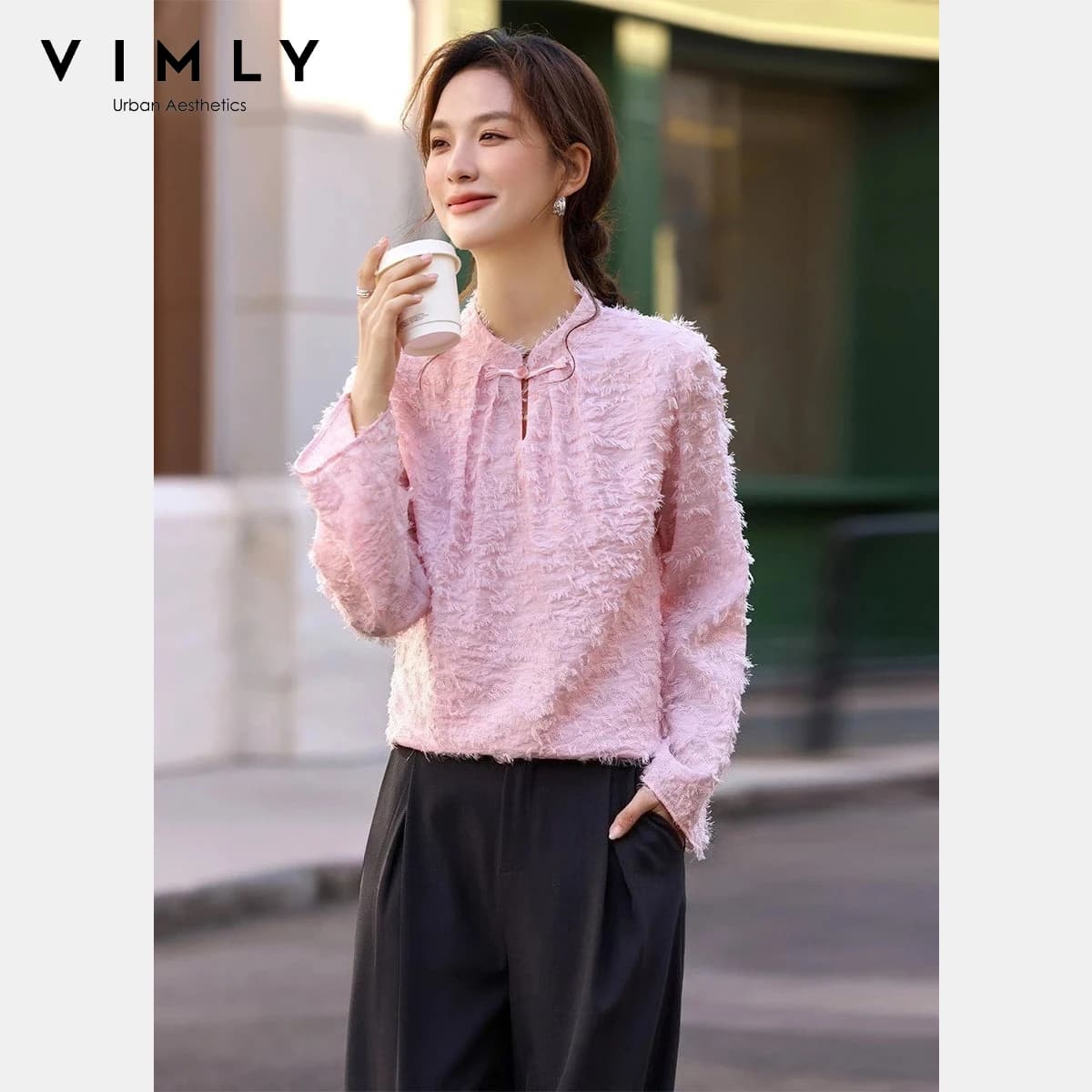 VIMLY Women's Mandarin Collar Shirt 2026 Spring New Casual Pink Fuzzy Textured Frog Button Flare Sleeve Long Sleeve Blouse