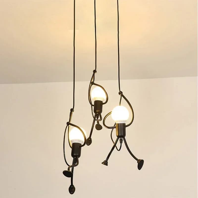 E27 펜던트 조명 빈티지 철 작은 남자 현대 예술 샹들리에 LED 천장 조명 홈 거실 어린이 침실 장식 블랙