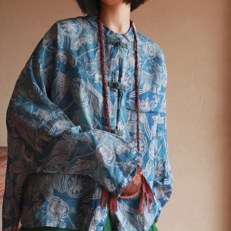중국풍 여성 긴소매 라미 셔츠 빈티지 꽃무늬 루즈핏 상의