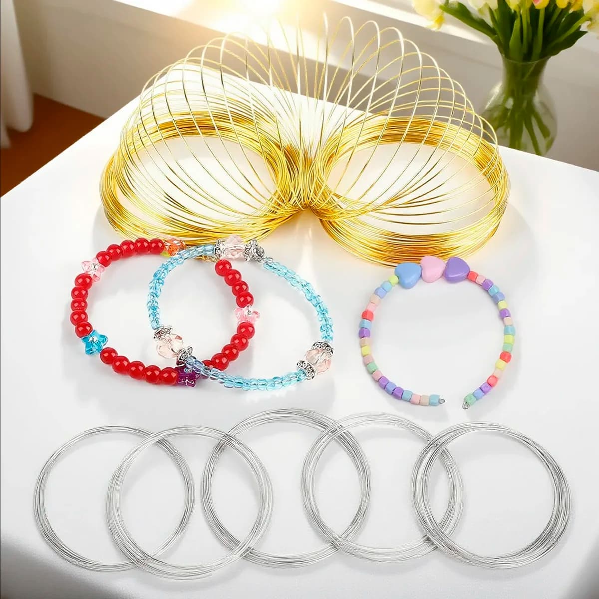 0.6mm Stainless Steel Memory Wire Coil 100 Loops for DIY Bracelet Ring Jewelry Making Beading Wire Silver Gold