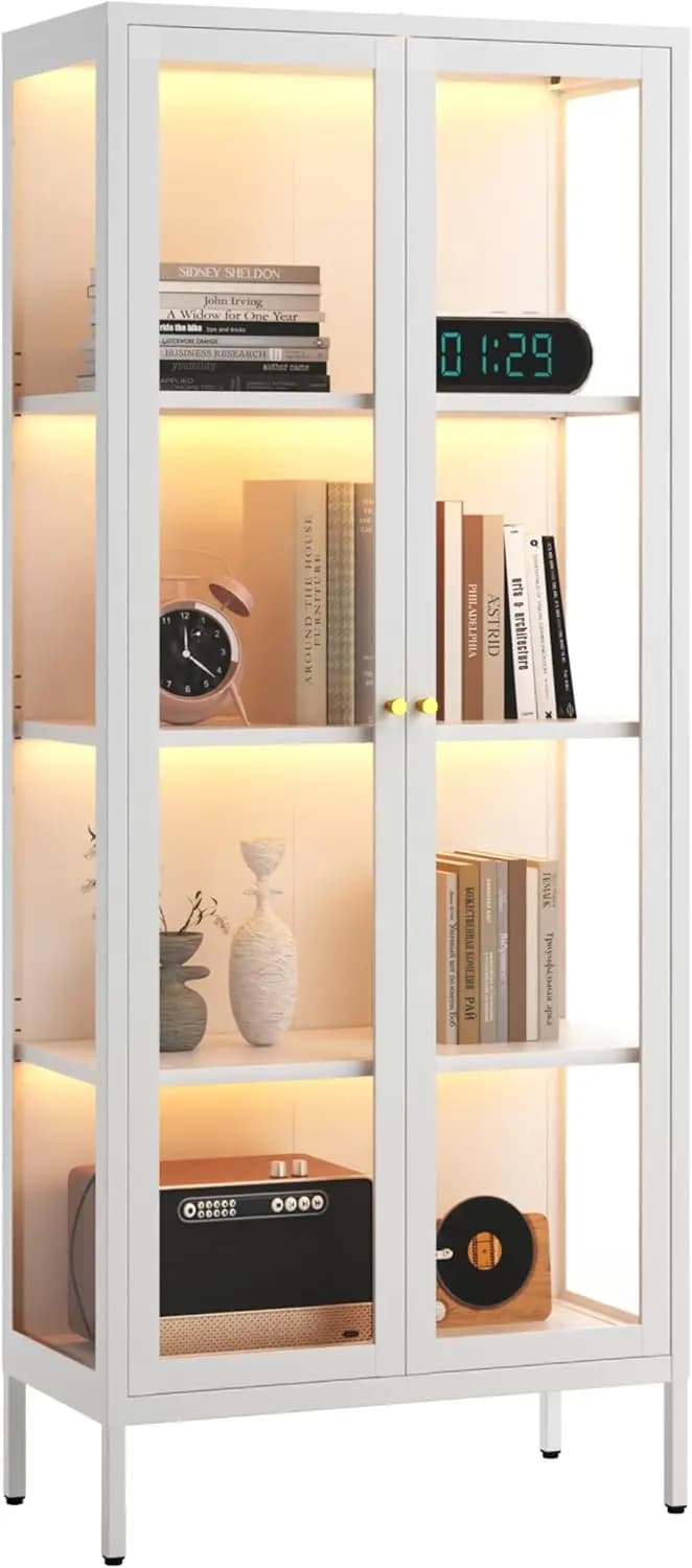 66" H Glass Display Cabinet 4-Tier,Lighted Display case,Curio Cabinet with Glass Doors and Adjustable Shelves, Display Shelf