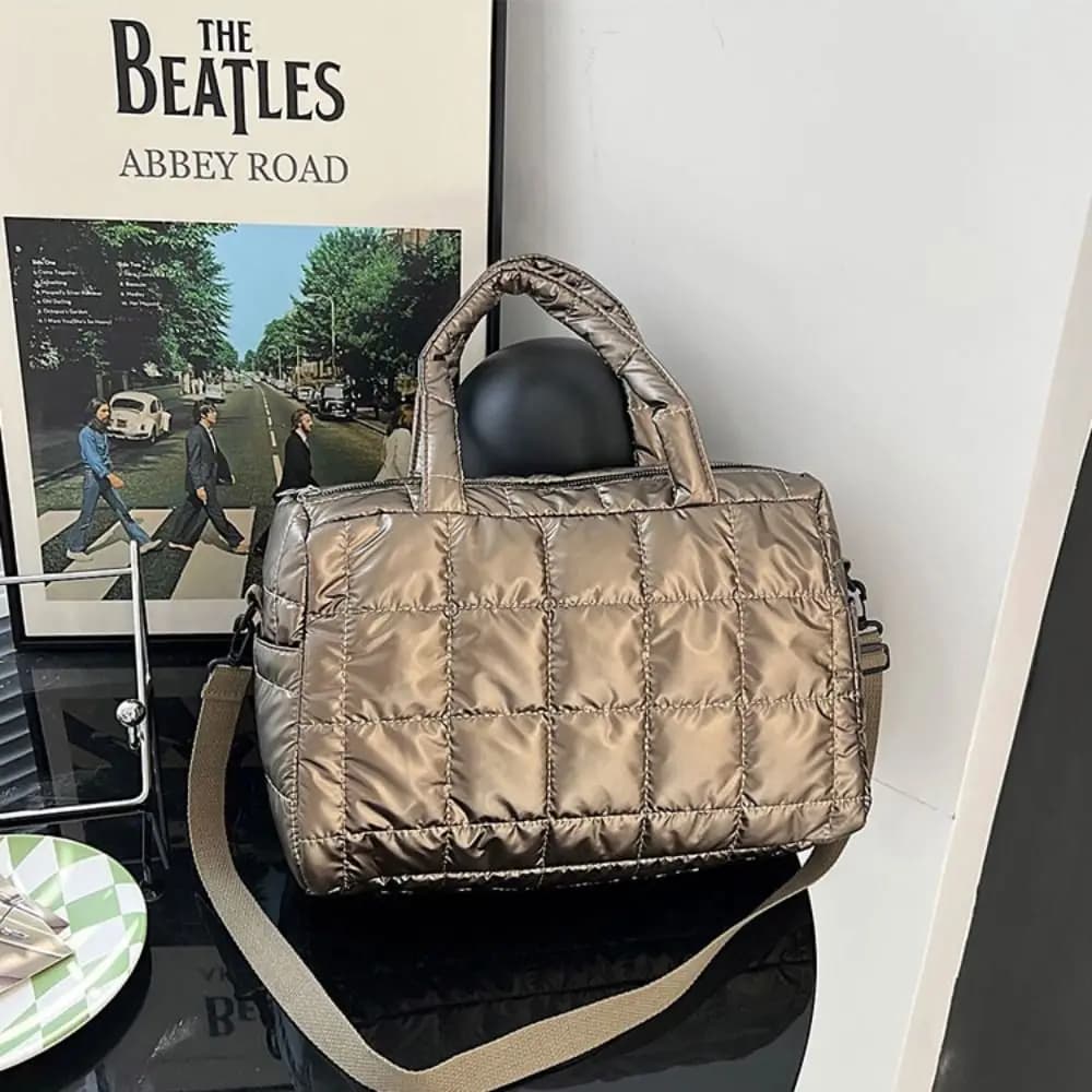 Korean Style Bright Space Cotton Tote Bag Shoulder Bag Plaid Cloud Crossbody Bag Silver Solid Color Nylon Handbag Autumn Winter