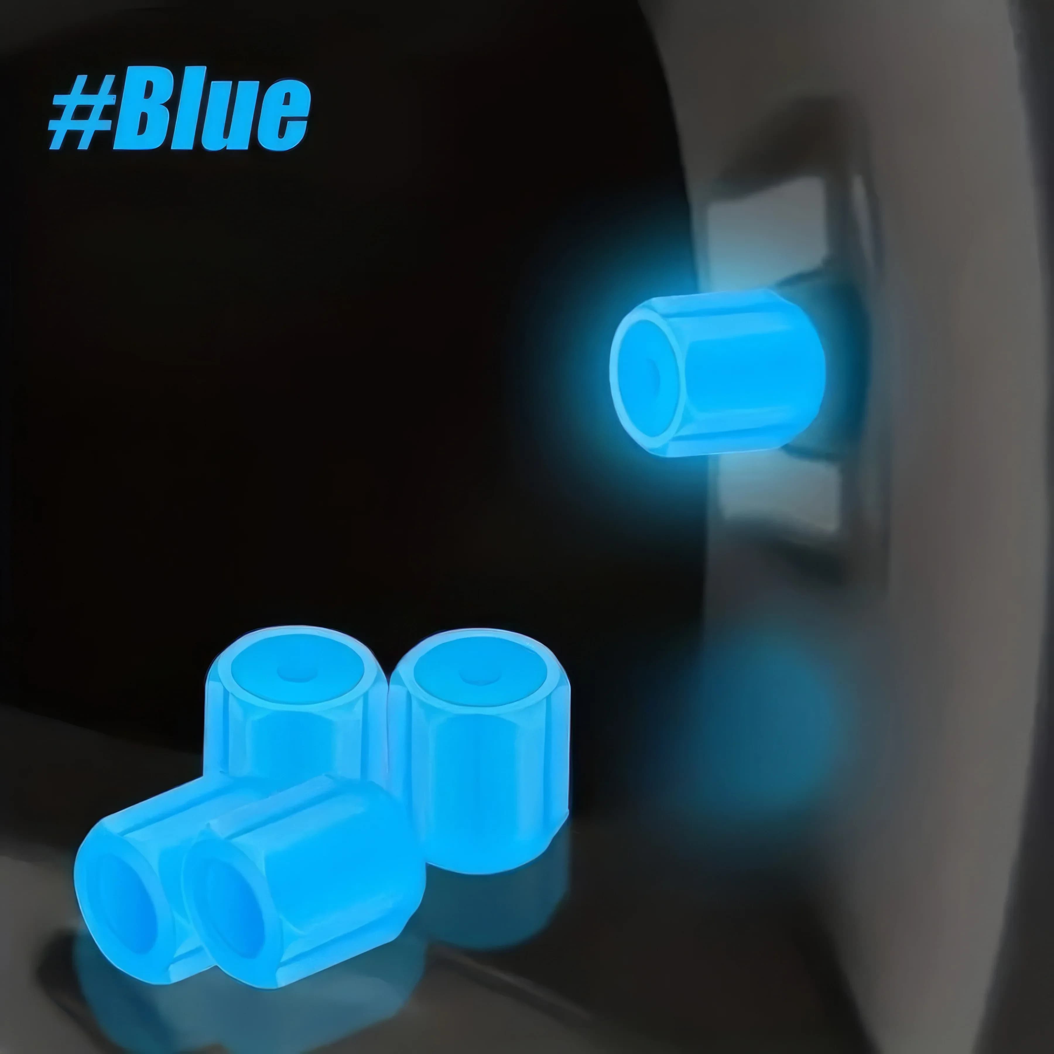4 Pieces of Luminous Tires with Blue Valve Caps and Luminous Dust Caps, Easy To Install, Suitable for Motorcycles