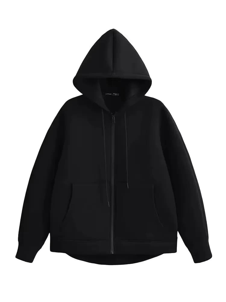 HH 가을 겨울 여성용 지퍼 후드 코트 하이 스트리트 더블 포켓 오버사이즈 자켓 루즈 스웨트셔츠 아우터웨어 탑