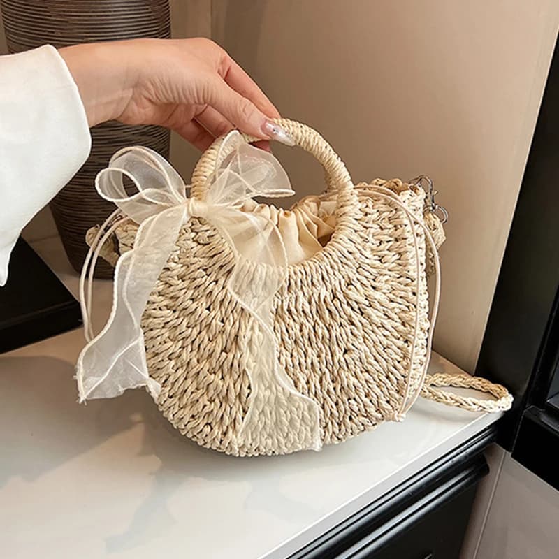 Straw Bag Women Hand-Woven Handbag Moon Shape Lace Bow Rattan Bag Big Capacity Drawstring Casual Beach Shoulder Crossbody Bag