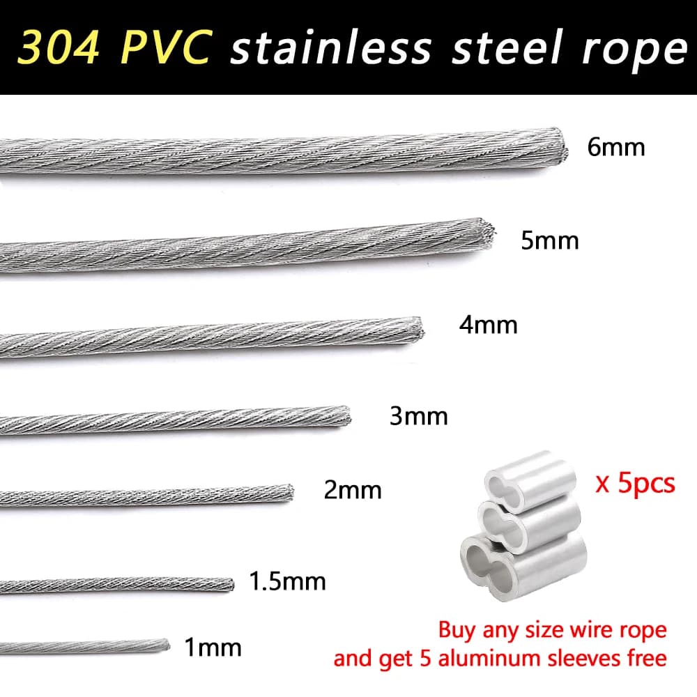 PVC 코팅 스틸 와이어 로프 1-6mm 7X7 7X19 와이어 케이블 5/10m