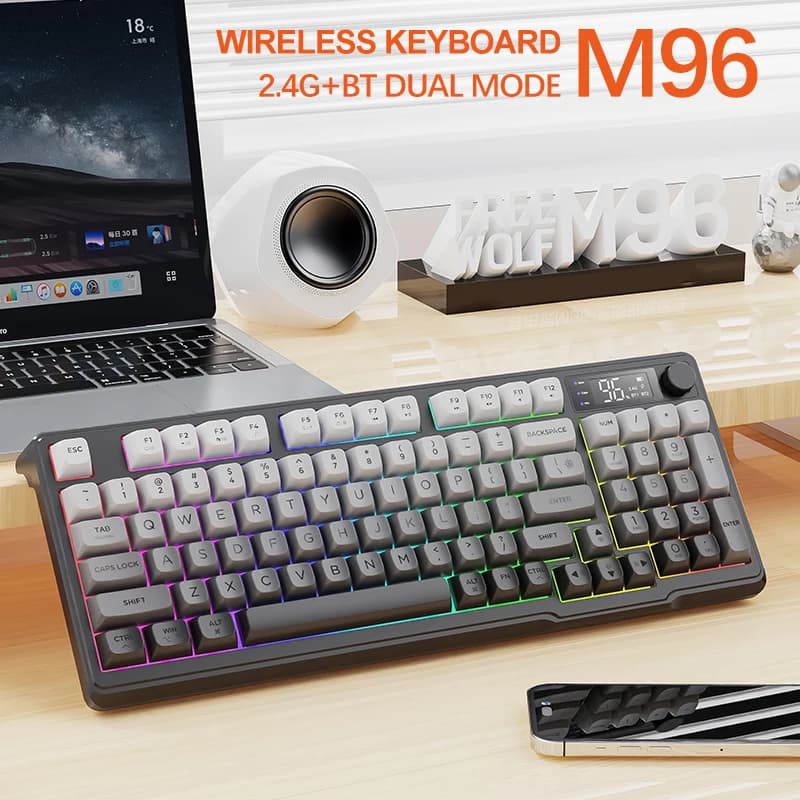 FREEWOLF M96 블루투스 무선 게이밍 키보드 LCD 화면 멀티페어링
