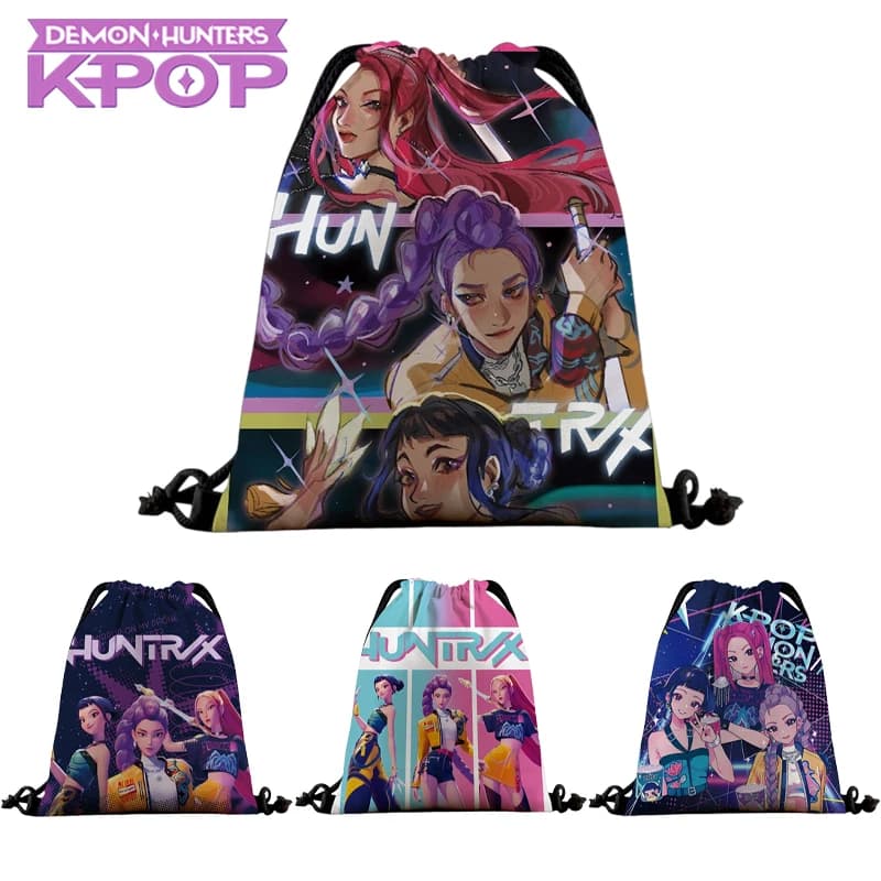 K-PoP Demon Hunters Anime Printed Drawstring Bag for Girls Party Candy Toy Snack Storage Bag Large Capacity Drawstring Backpack