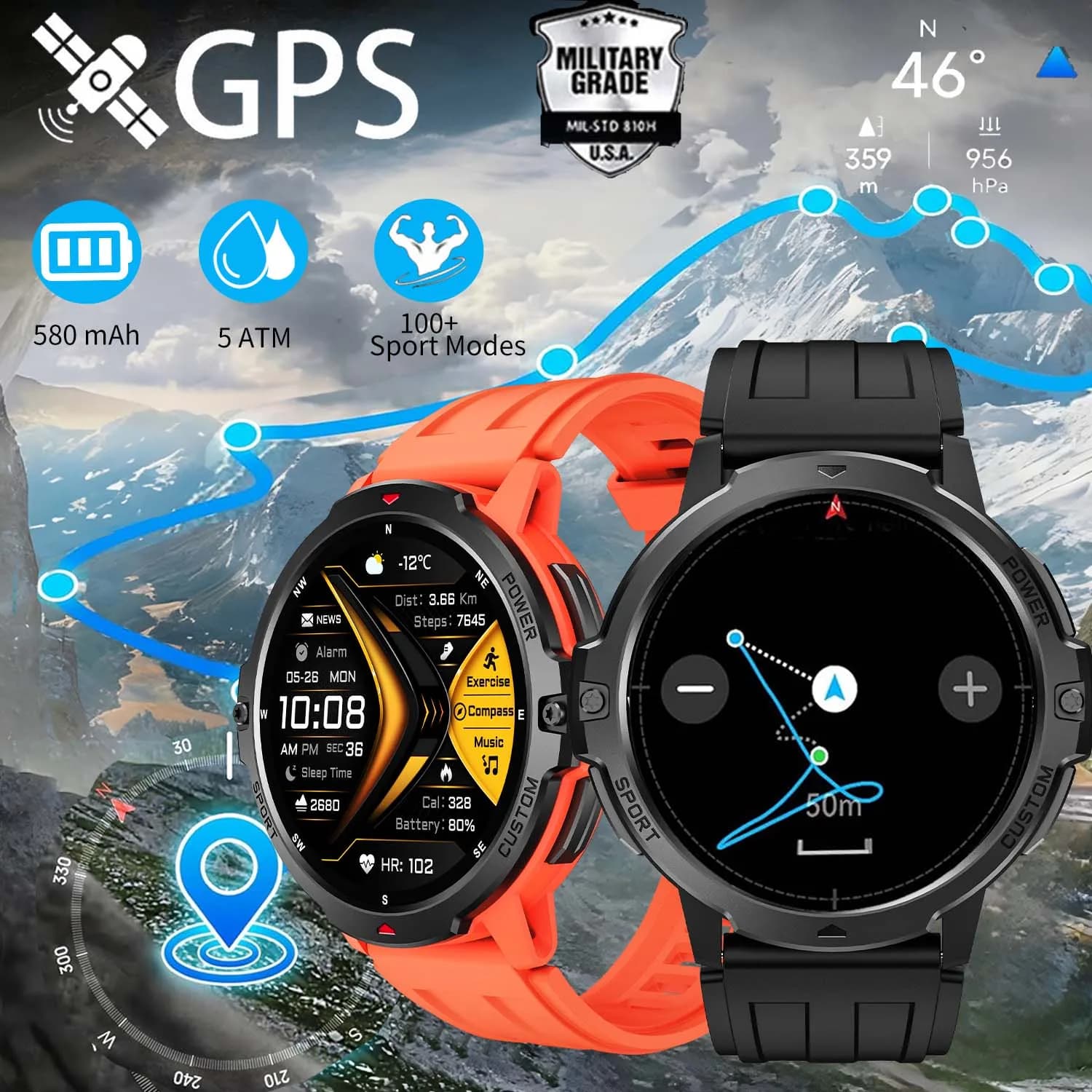 GPS 남성 스마트워치 1.46인치 AMOLED 나침반 고도계 580mAh 5ATM 아웃도어
