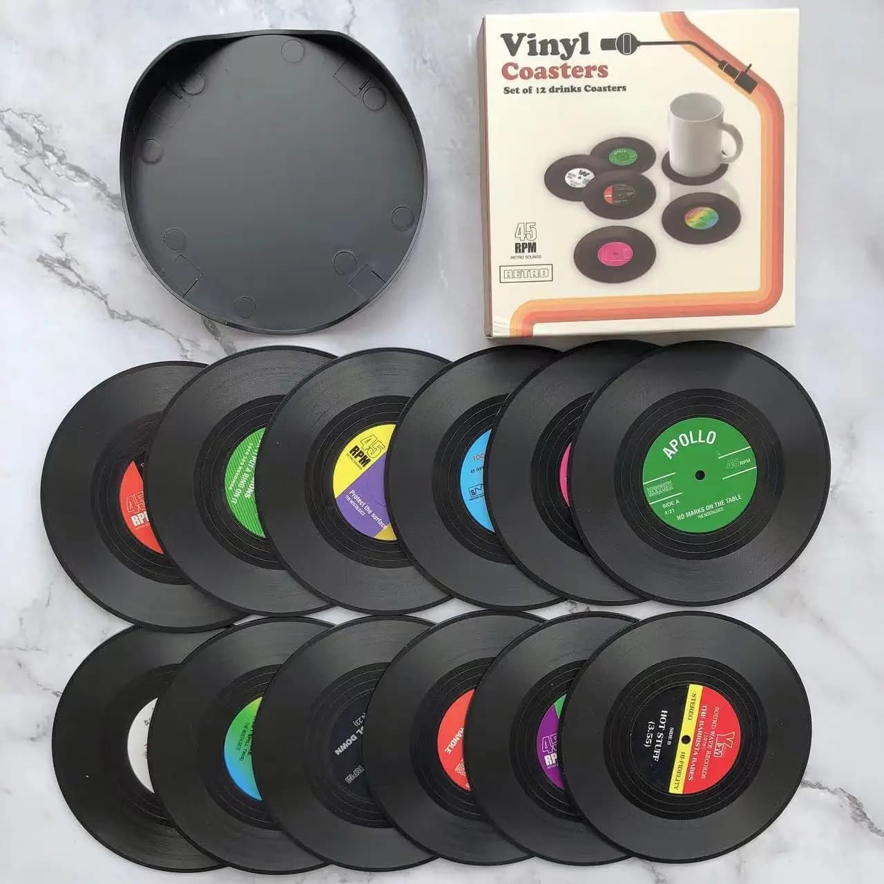 6/12PCS 세트 빈티지 머그컵 컵 받침 음료에 대 한 다채로운 레트로 비닐 레코드 디스크 컵 받침 비닐 레코드 코스터 세트 커피 테이블 장식