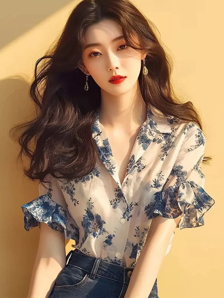 프렌치 러플 플로럴 반팔 셔츠 카디건 (여름용)