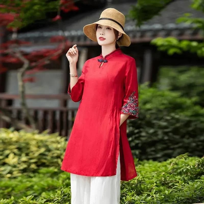 여성 레드 린넨 치파오 상의 자수 반소매 차이나 카라
