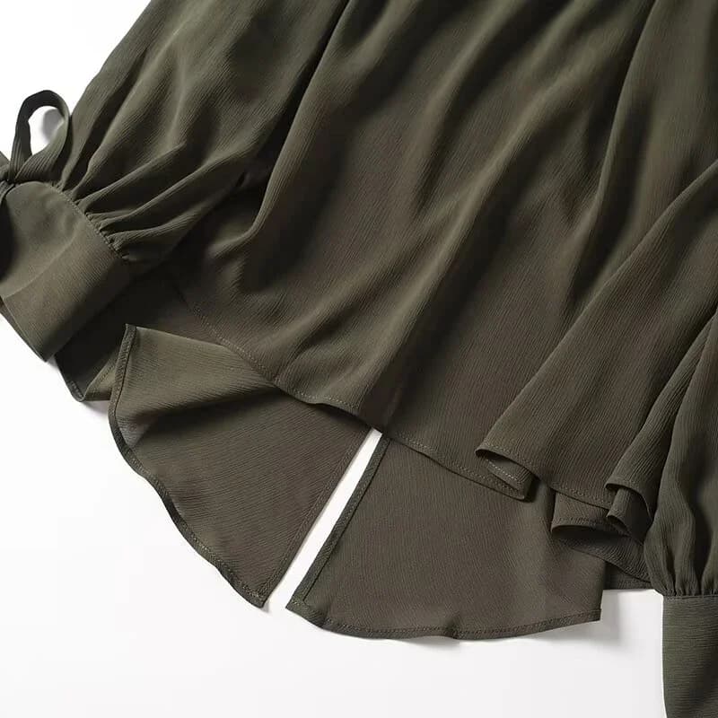 2025 French Style Women's Shirts Dark Green Loose Long Sleeve Top with Bow Tie Autumn Tops