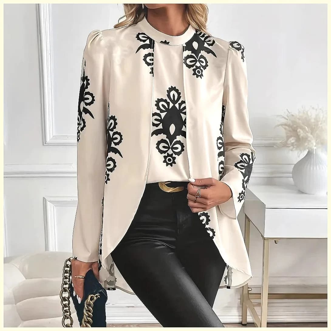 2026 Fashion Women's Long Sleeve Print Blouse, Elegant Office Top with Fake Two-Piece Design