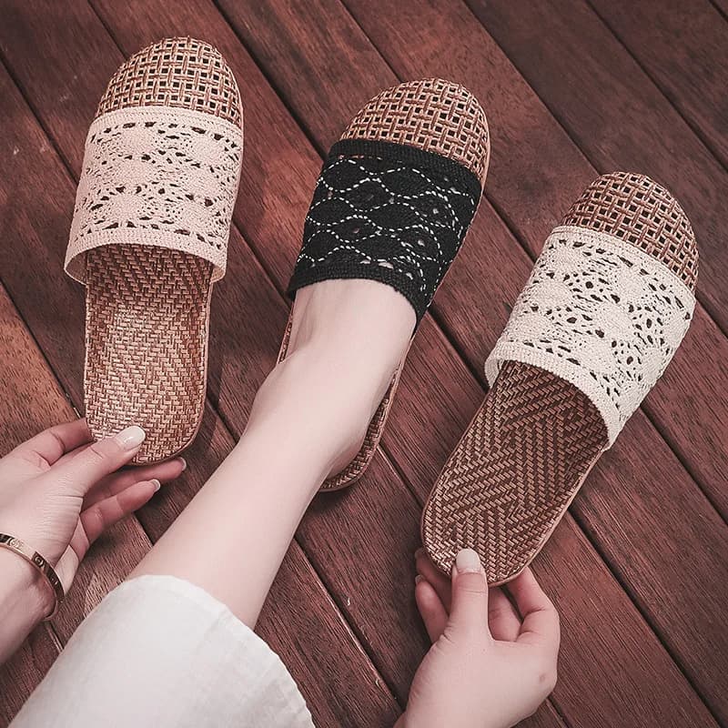 Mntrerm Summer Baotou Rattan Grass Woven Sandals, Breathable And Non Slip Rattan Woven Indoor Home Linen Slippers