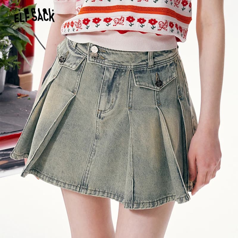 ELFSACK Vintage Washed Denim Mini Skirt, High Waist Pleated A-Line Jean Skirt , Casual Retro Summer Short Skirt