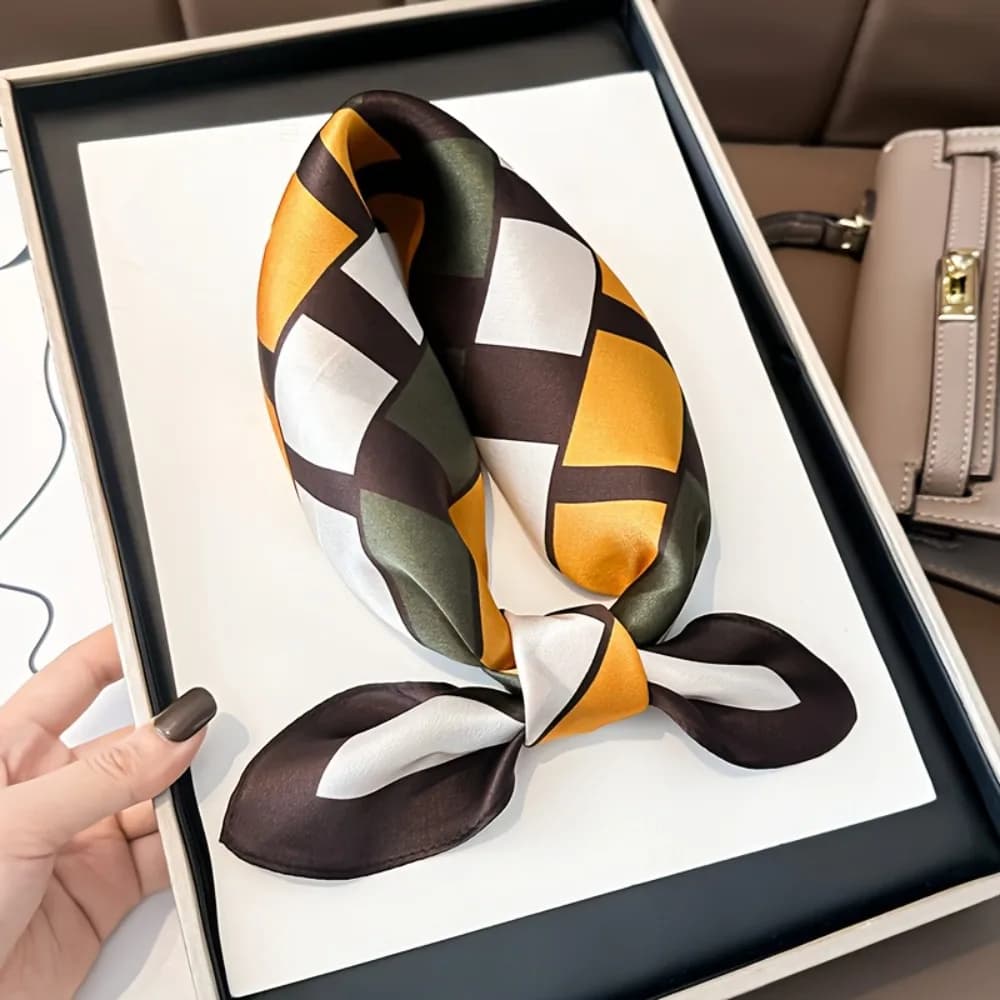100% Mulberry Silk Vintage Elegant Women's Square Scarf, Contrast Geometric Pattern with Artistic and Practical Appeal,