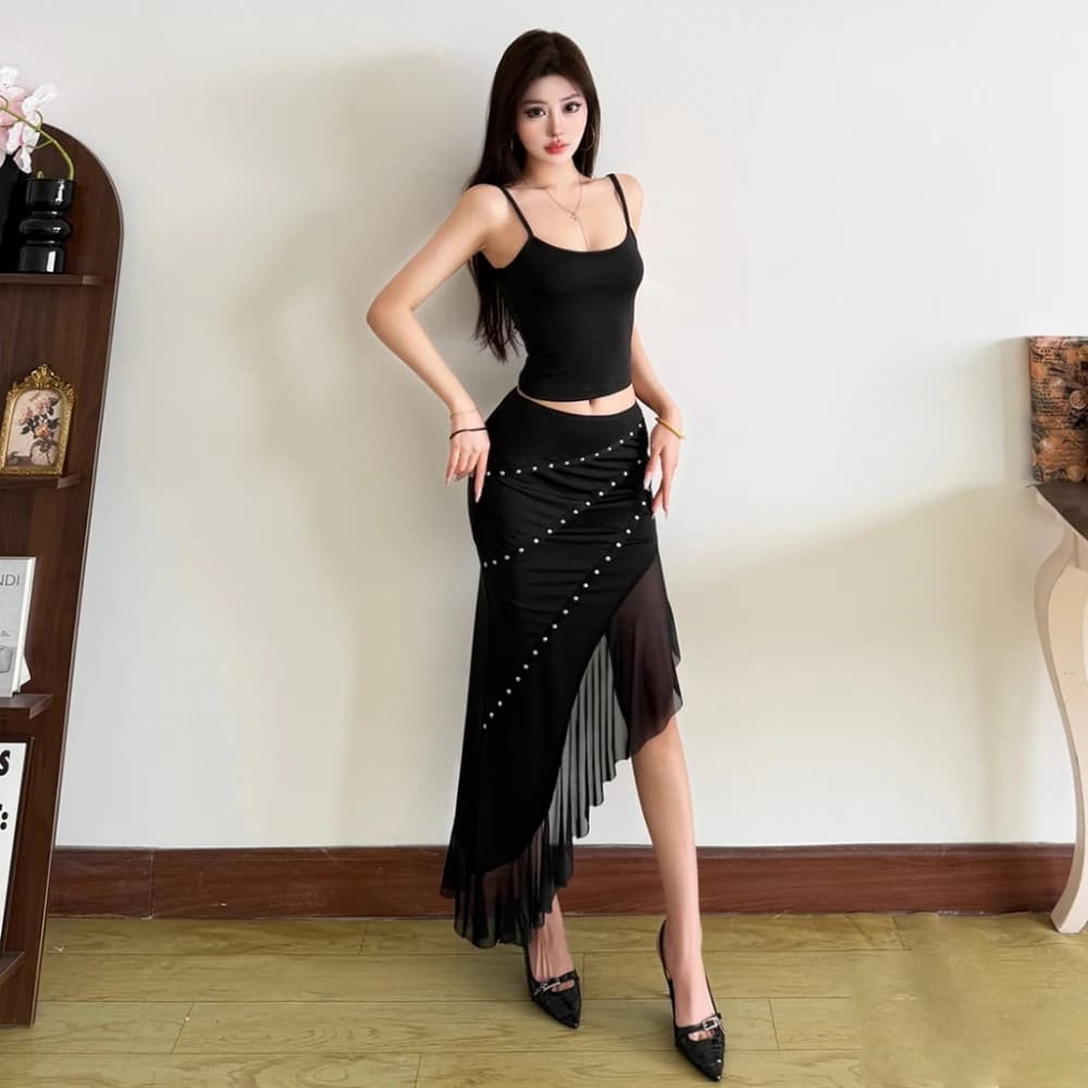 SylCue Sexy Style 2 Piece Set Women Low-Neck Camisole Tops+Rivet Mesh Patchwork Irregular Long Skirt Evening Party Elegant Suits