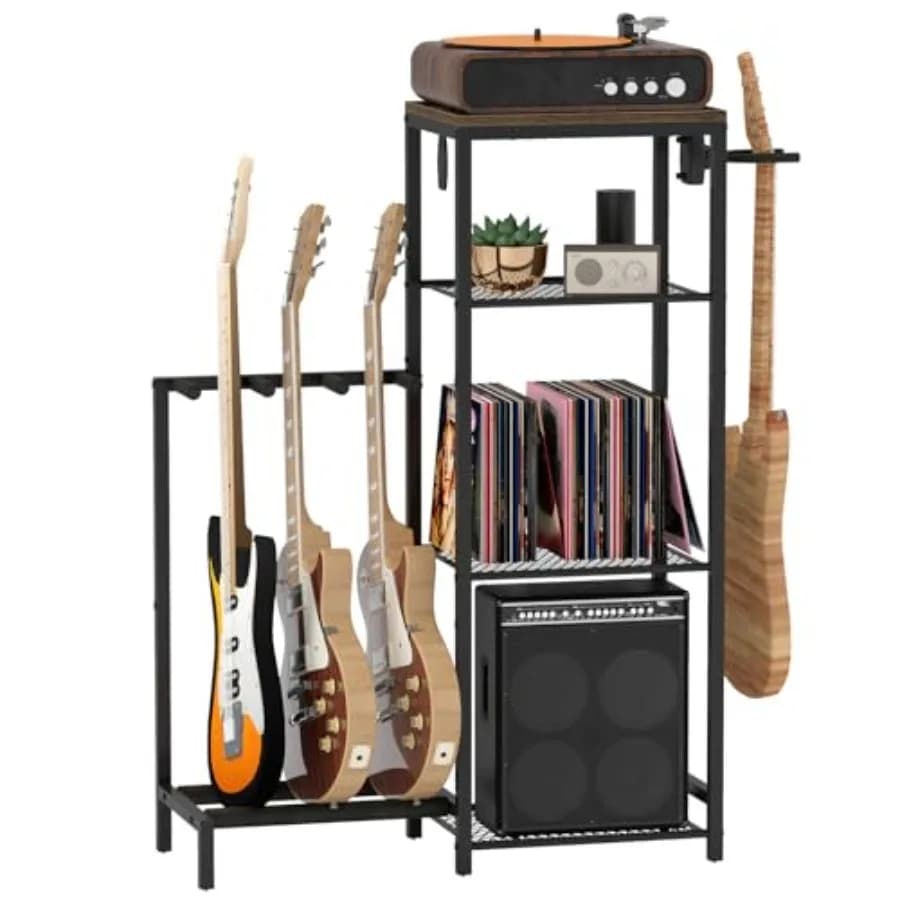 Multi Guitar Stand Rack with 4 Holder Positions for Acoustic Electric Guitar Bass 4 Tier Storage Shelves for Guitar Amp Accesso