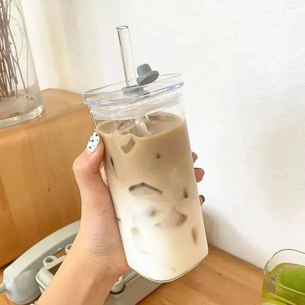 1pcs 뚜껑과 밀짚 투명 우유 차 주스 컵 커피 머그잔 홈 바 Drinkware에 대 한 사각형 내열성 커피 유리 컵
