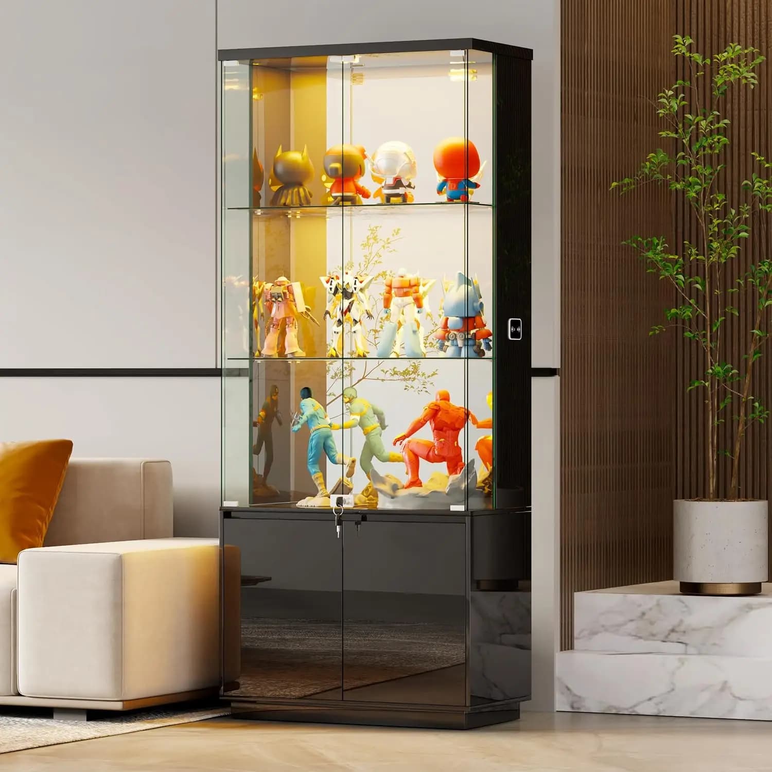 71'' Display Cabinet with Glass Doors&3 Color Lights&Lockable for Bedroom Black,High Gloss Curio Cabinet with Adjustable Glas