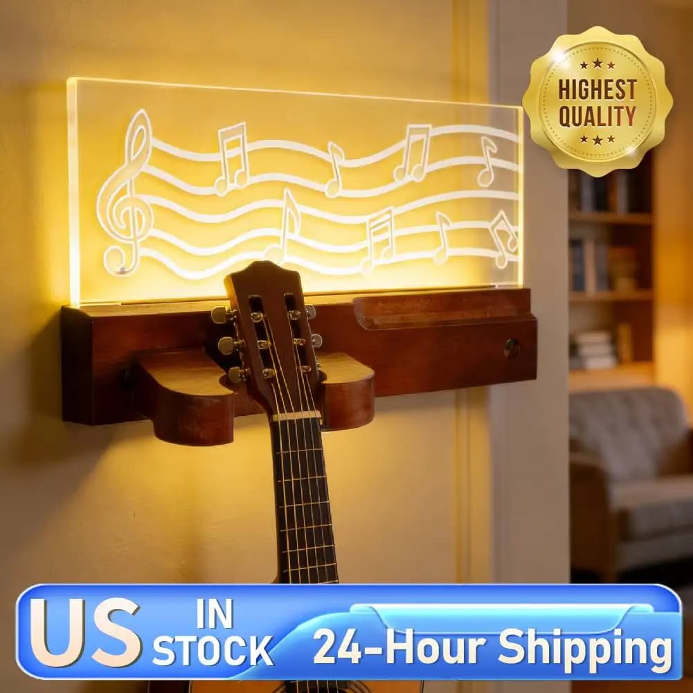 LED Wall Mounted Guitar Rack with Shelf & Pick Holder Wood & Acrylic Light Up Guitars Holder Stringed Instruments Display Stand