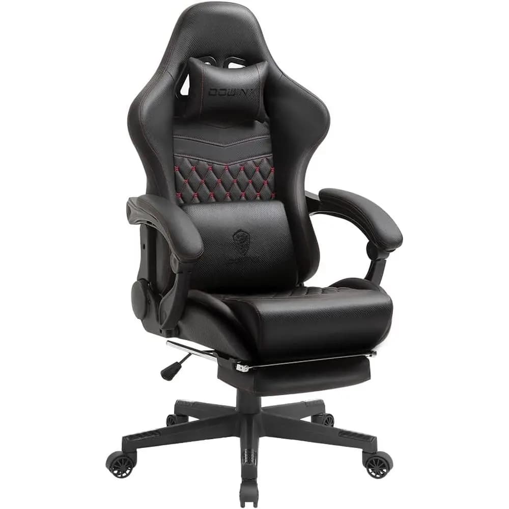 Vintage Style Leather Gaming Chair with Massage Lumbar Support, Reclining Footrest for E-Sports Gamers, Black & Red